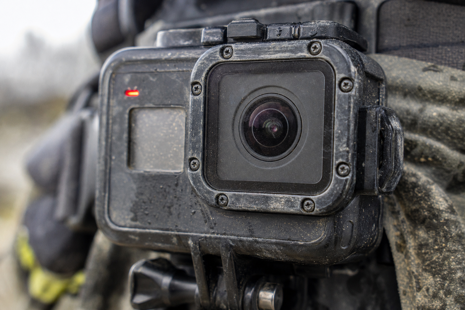 Close-up of a rugged action camera mounted on gear