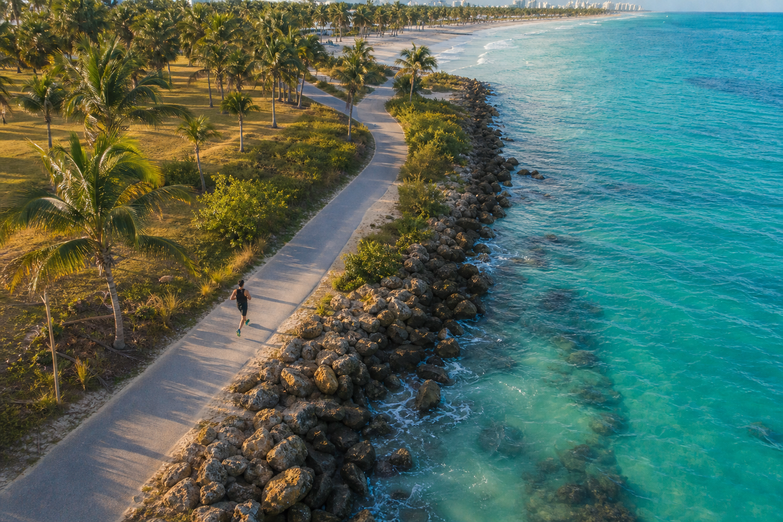 Drone shot following a runner along a coastal path