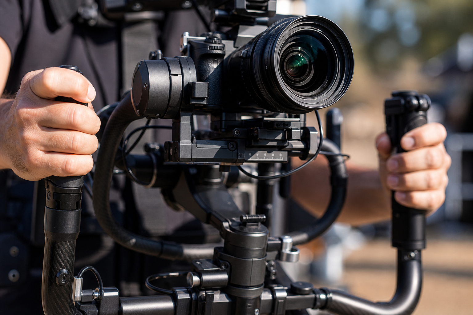 Close-up of a handheld gimbal rig with a mirrorless camera mounted